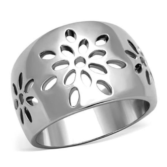 STAINLESS STEEL Open Work Flower Design Dome Ring - Picture 11 of 14